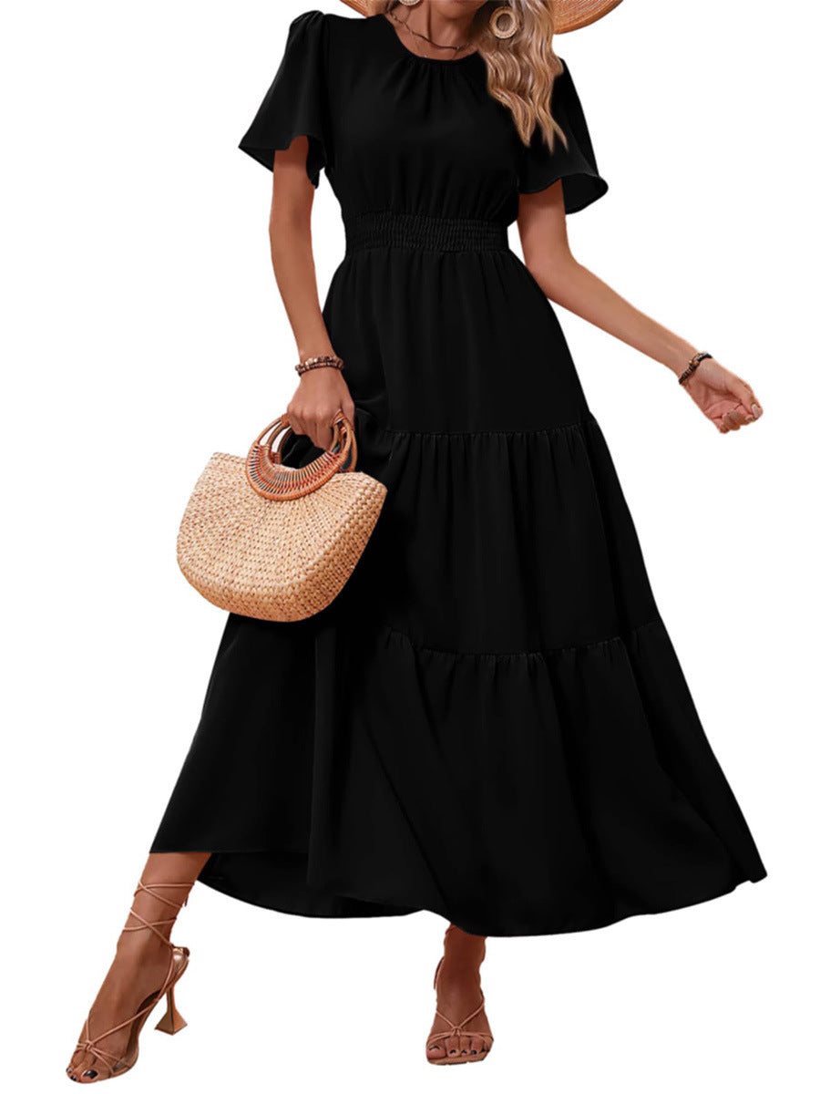 Boho Round Neck Tiered Waist-Cinched Maxi Dress