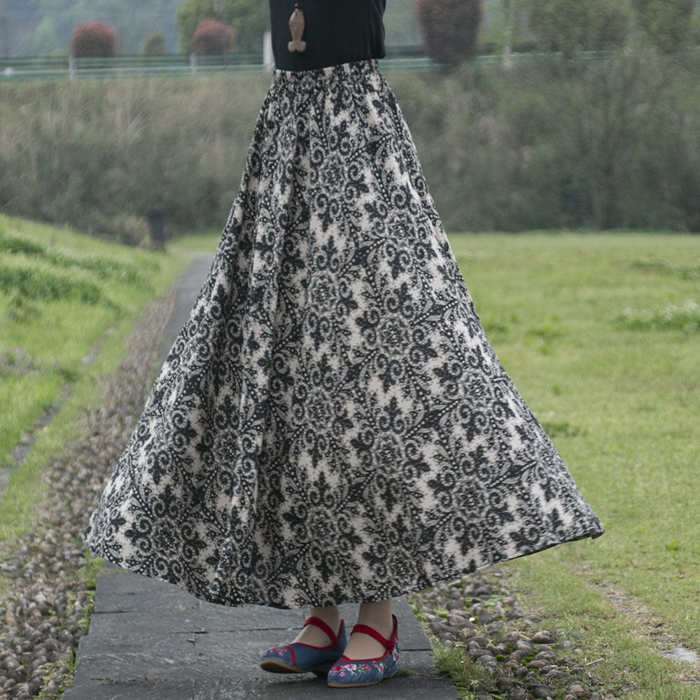 Cotton and linen printed maxi skirt | Retro ethnic style elastic waist midi skirt