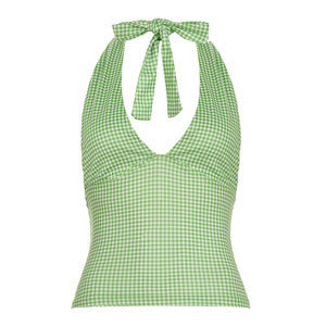 Bohemian Gingham/Heart Print Halter Deep V Form-Fitting Top