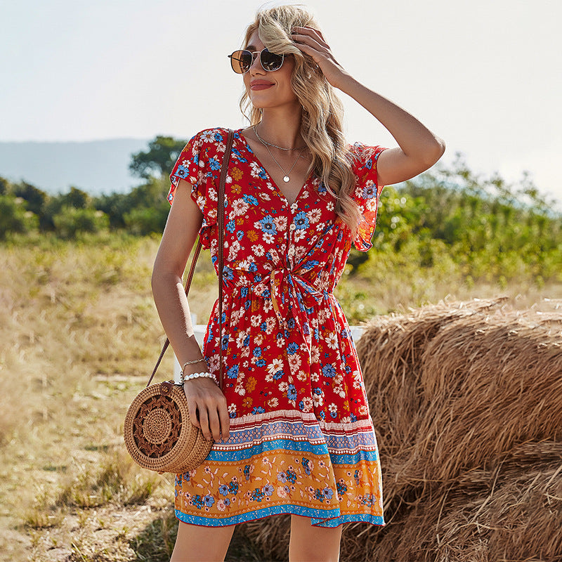 Boho Vintage Print V-Neck Waist Maxi Dress