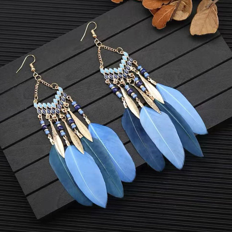 Boho Blue Feather Tassel Earrings | Ethnic Style Niche Design Jewelry