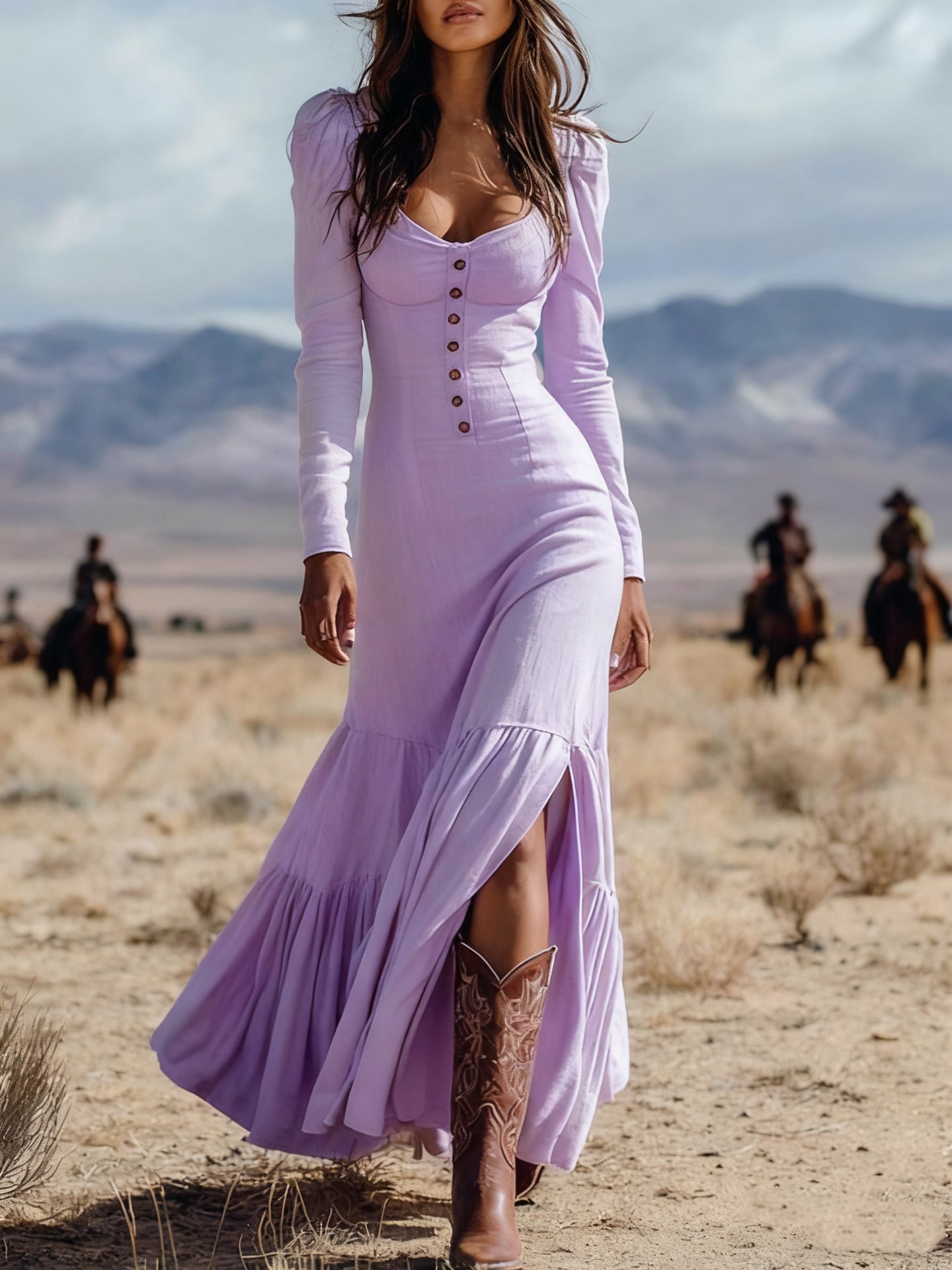 American Western Style Square Neck Button Slit Long Sleeve Flare Maxi Dress | Retro Vacation Slimming Long Dress