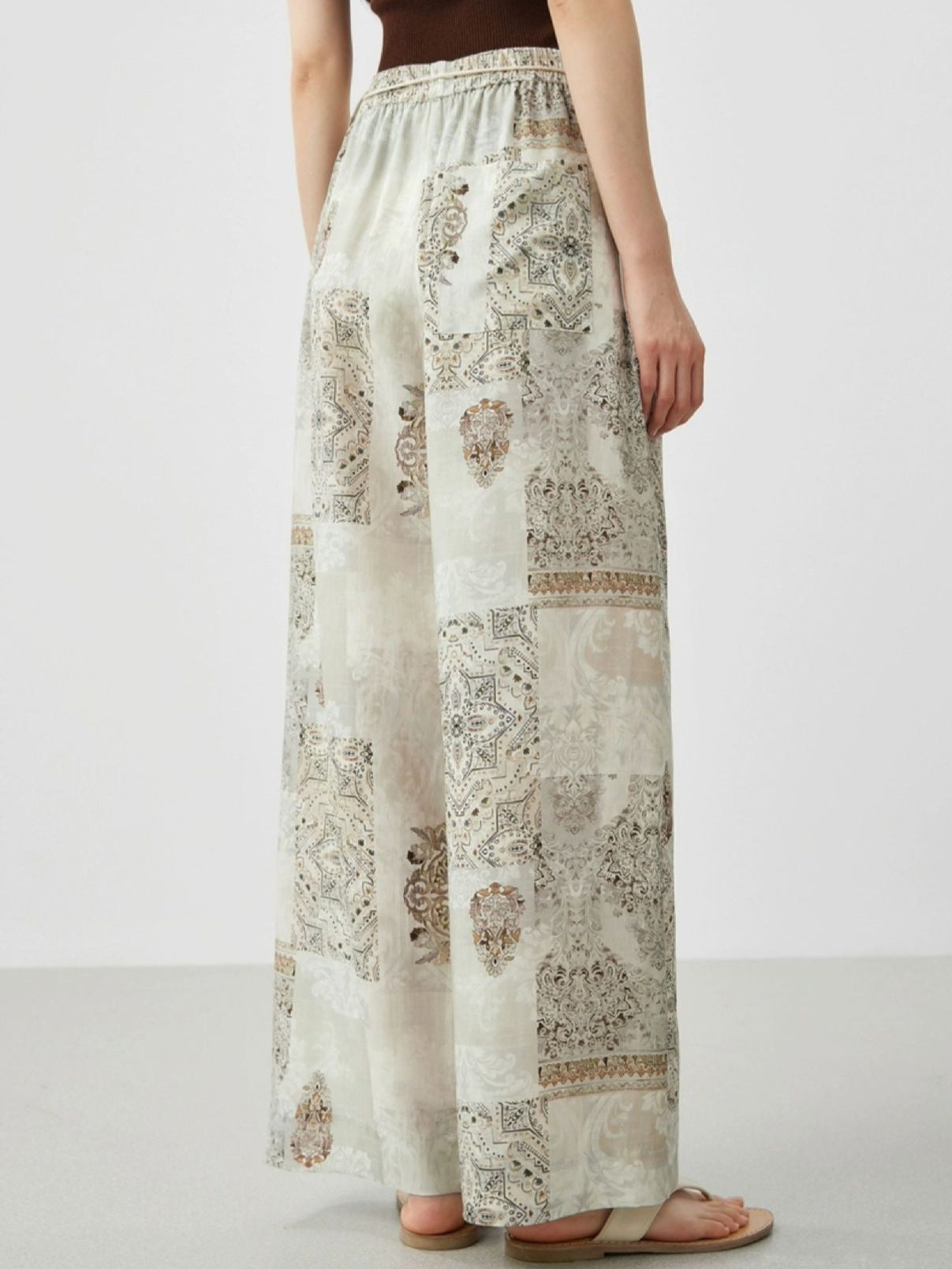 Boho Vintage Printed Drawstring Tassel Wide Leg Pants | Relaxed Fit Drape Casual Trousers
