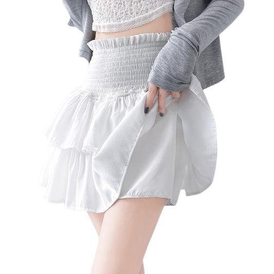 Bohemian Solid Color Smocked High Waist Tiered Ruffle Mini Skirt