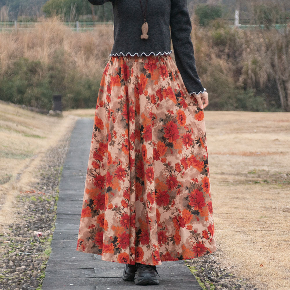 Cotton and linen printed maxi skirt | Retro ethnic style elastic waist midi skirt