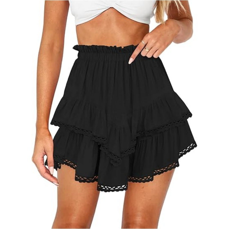 Multi-Color Lace Trim Double Ruffle Mini Skirt | High Waist Elastic A-Line Skirt