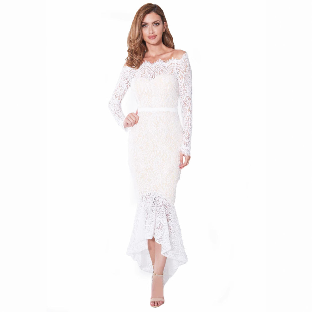 Boho Off Shoulder Lace Long Sleeve Irregular Mermaid Bodycon Evening Dress