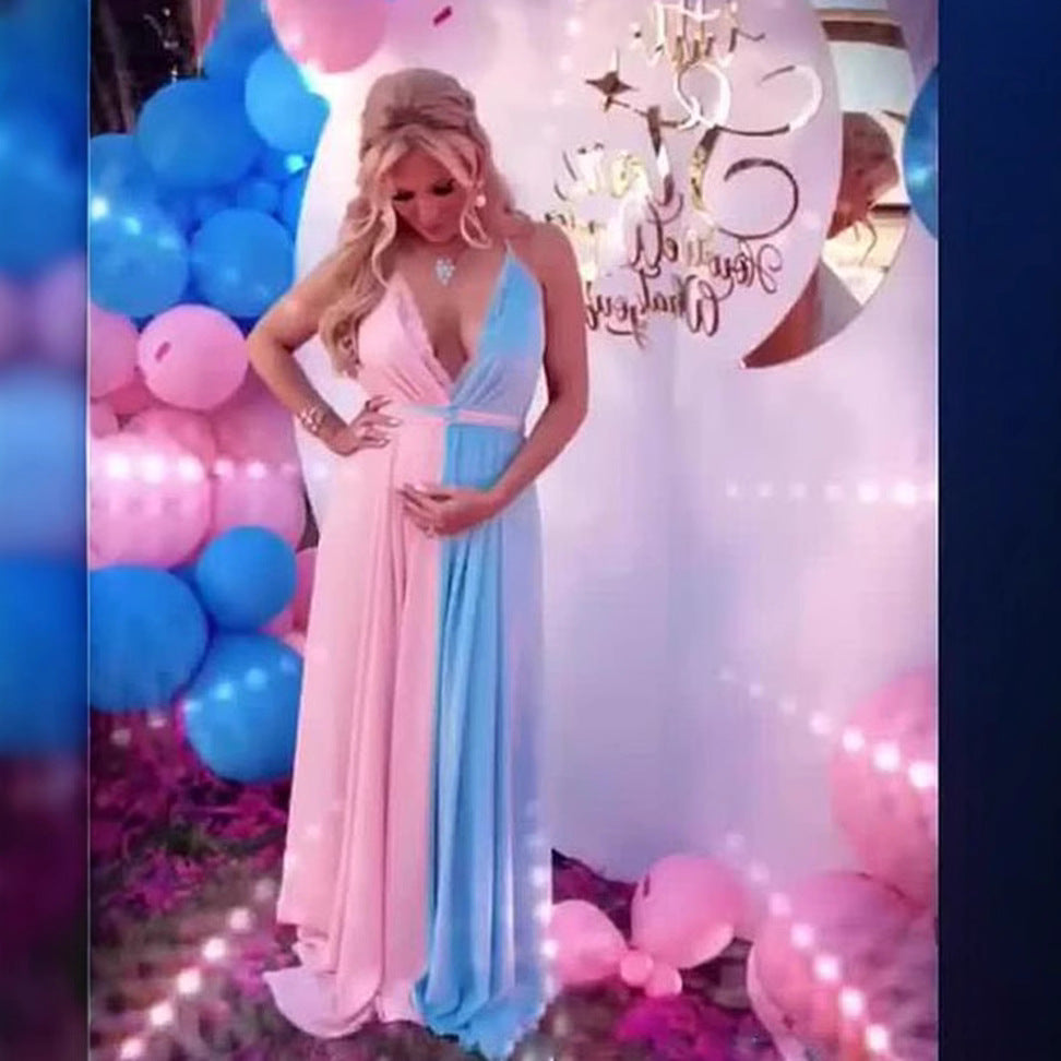 Boho Pink Blue Color Block V Neck Split Maternity Baby Shower Dress