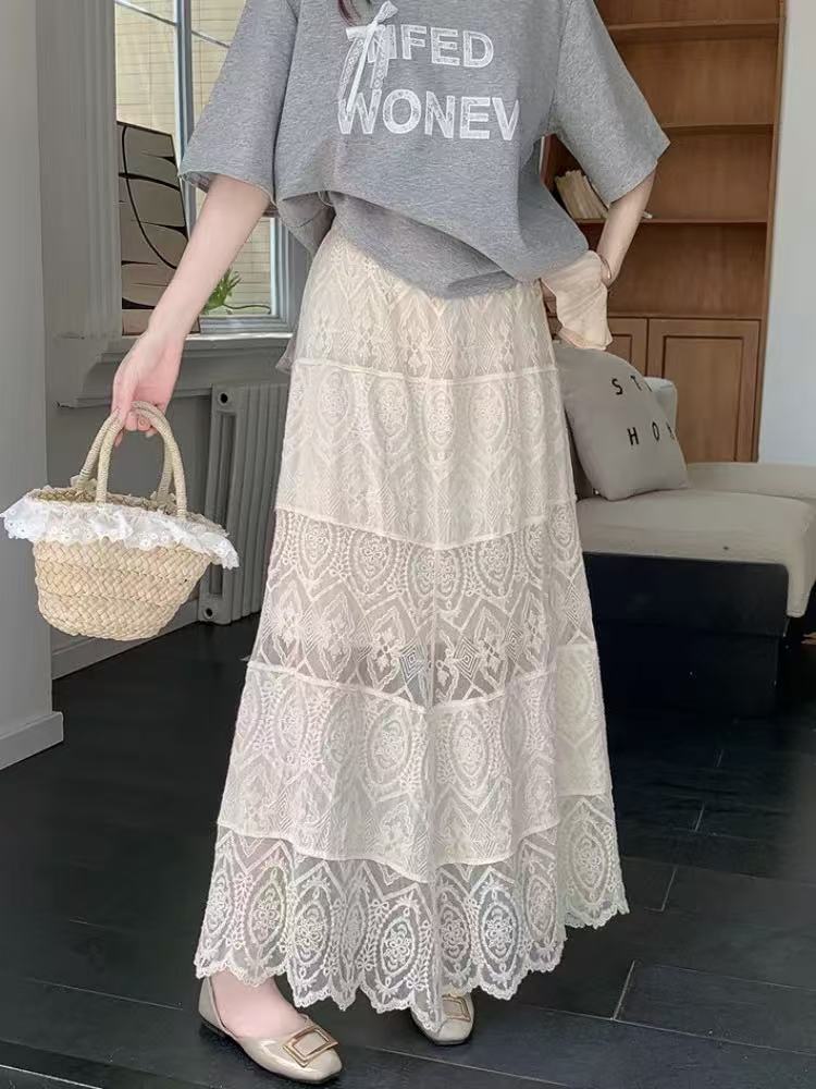 Boho Crochet Lace High Waist Flare Maxi Skirt | Ethnic Style Vacation Slimming A-Line Skirt