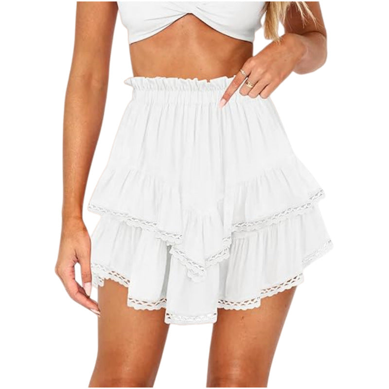 Multi-Color Lace Trim Double Ruffle Mini Skirt | High Waist Elastic A-Line Skirt