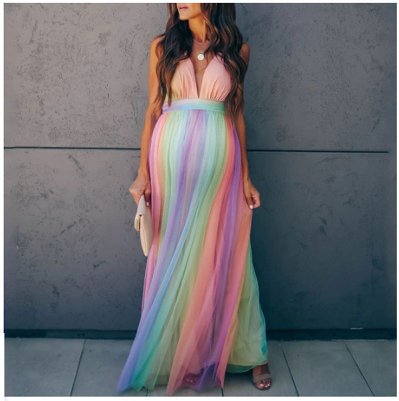 Boho Rainbow Gradient Halter Open Back Maternity Maxi Dress