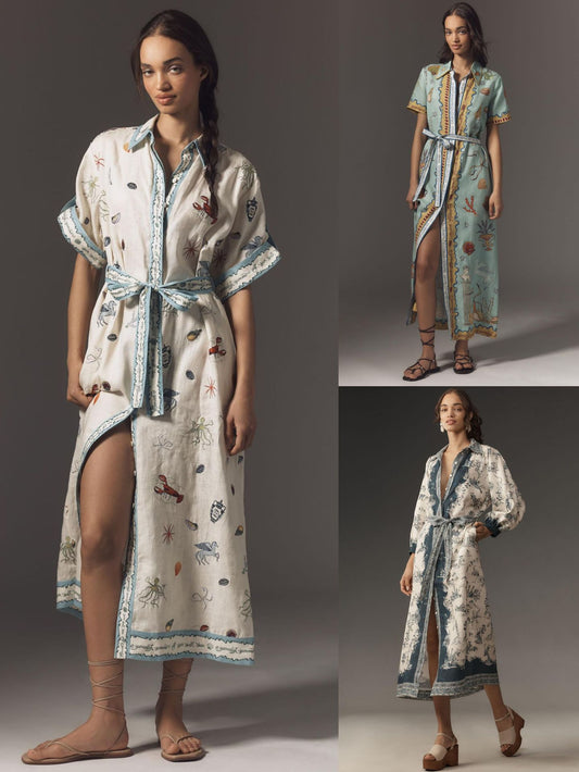 Vintage Ocean Print Belted Waist-Cinching Split Maxi Shirt Dress