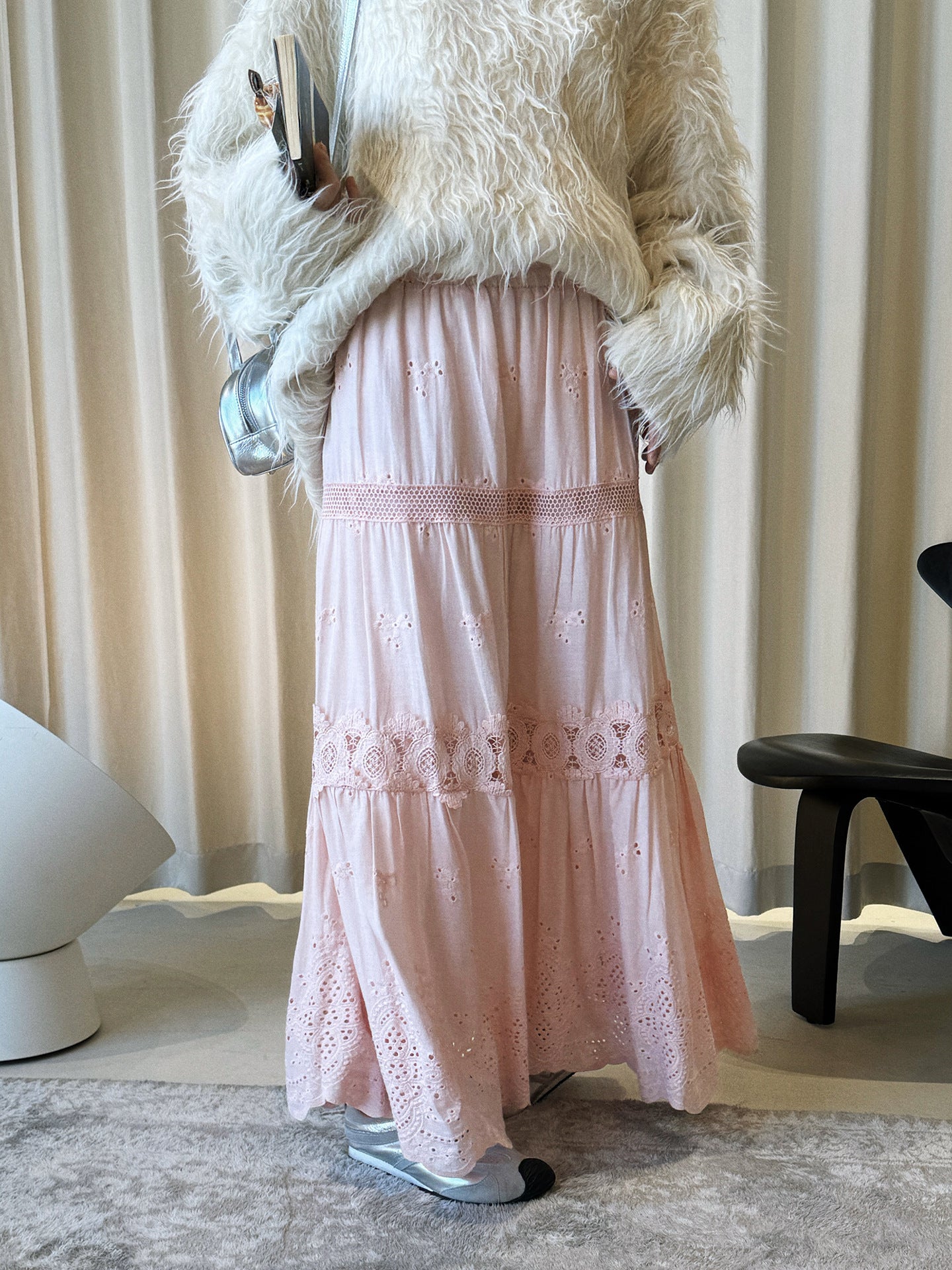 Pink Eyelet Lace Tiered Midi Skirt | Vacation Style Elegant A-Line Skirt