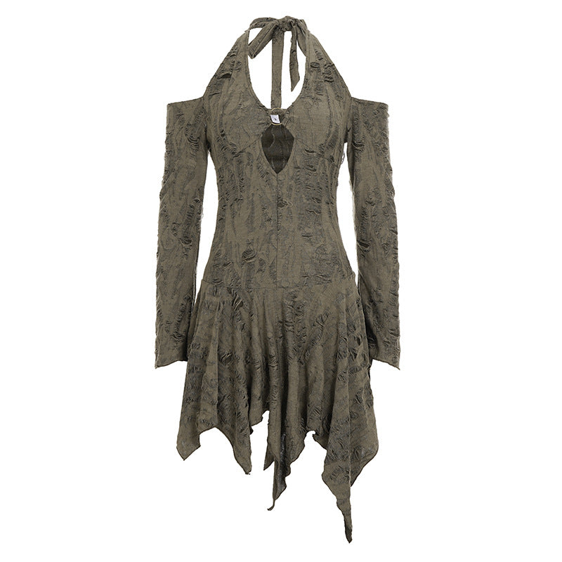 Bohemian Distressed Halter Deep-V Asymmetrical Dress Collection