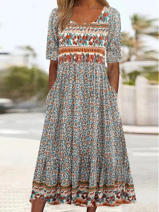 Bohemian Floral V-Neck Half Sleeve Pocket Midi Dress | Vacation Style Loose Maxi Dress