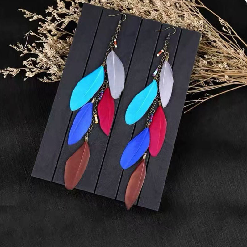 Boho Blue Feather Tassel Earrings | Ethnic Style Niche Design Jewelry