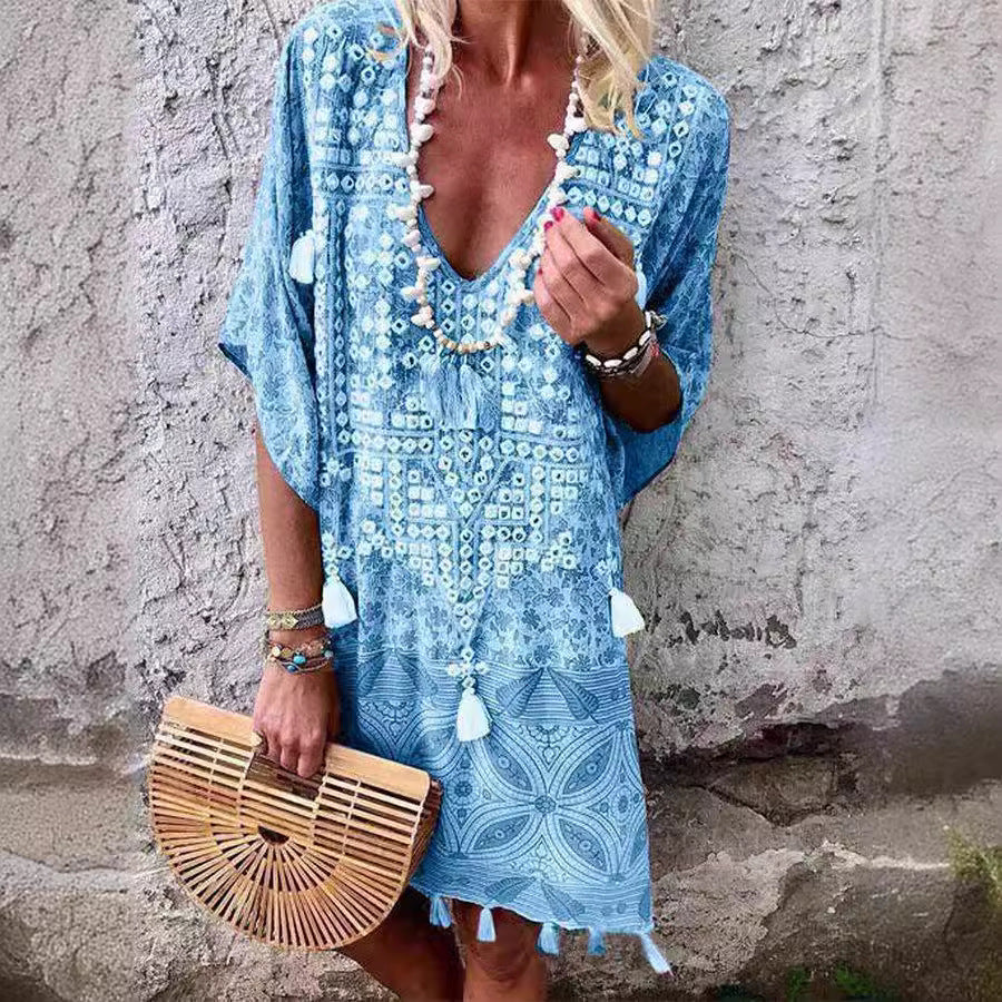 Boho Vintage Tribal Print V-Neck Tassel Loose Midi Dress