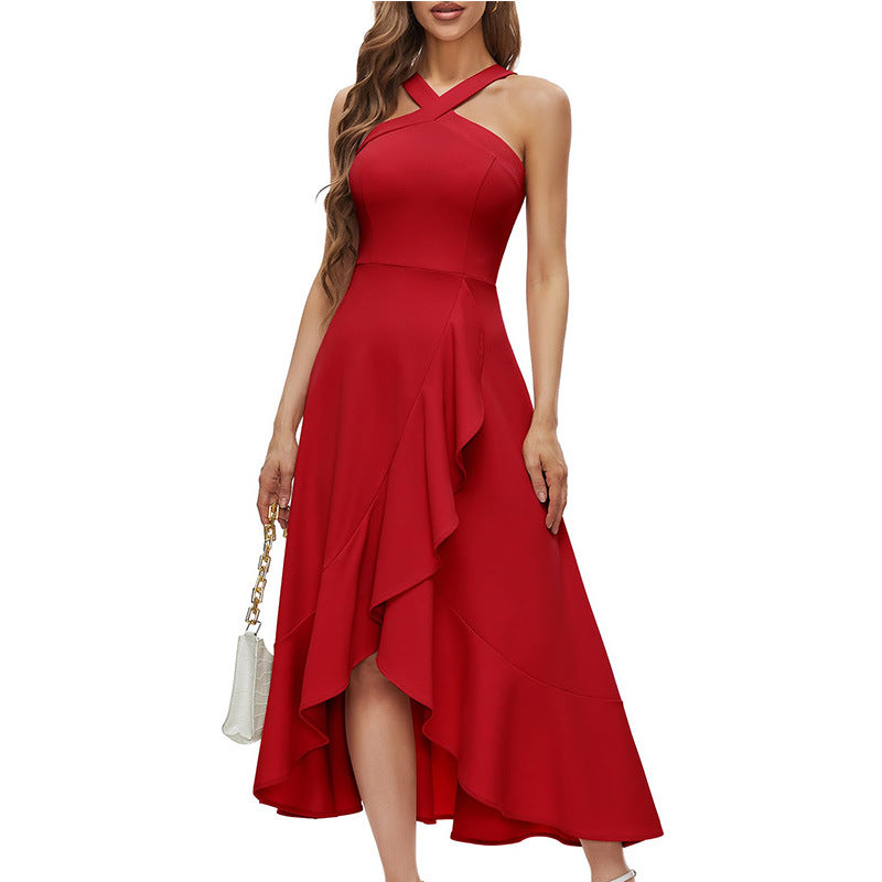 Bohemian Crisscross Halter Sleeveless Asymmetrical Ruffle Midi Dress