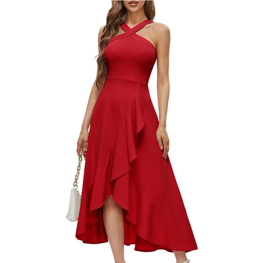 Bohemian Crisscross Halter Sleeveless Asymmetrical Ruffle Midi Dress