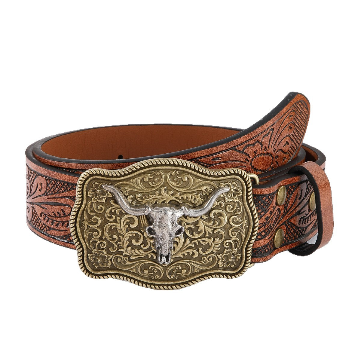 Western Cowboy Style Bull Head Carved Belt | Vintage Embossed Personalized Leather Belt
