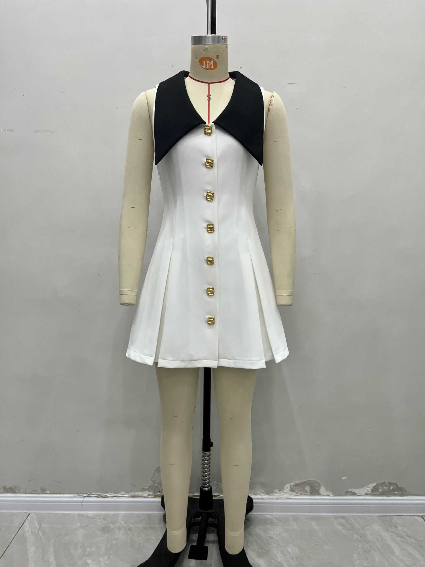 French Chanel Style Contrast Big Collar Gold Button Waist-Cinching Sleeveless Mini Dress | Elegant Luxury A-Line Dress