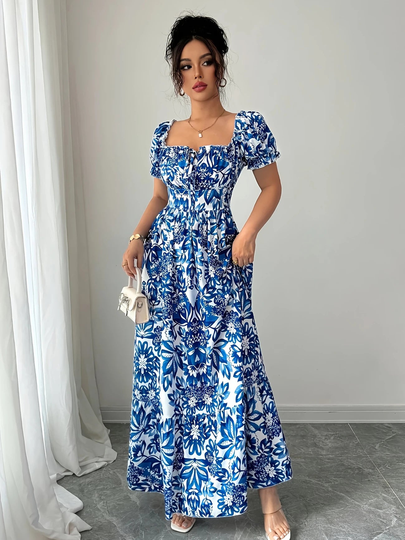 Blue & White Porcelain Print Boho Square Neck Maxi Dress