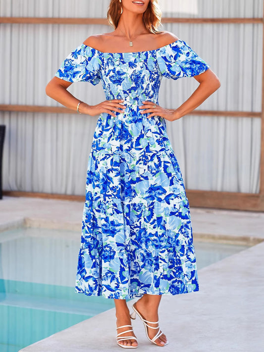 Blue & White Floral Square Neck/Off-Shoulder Puff Sleeve Tiered Midi Dress