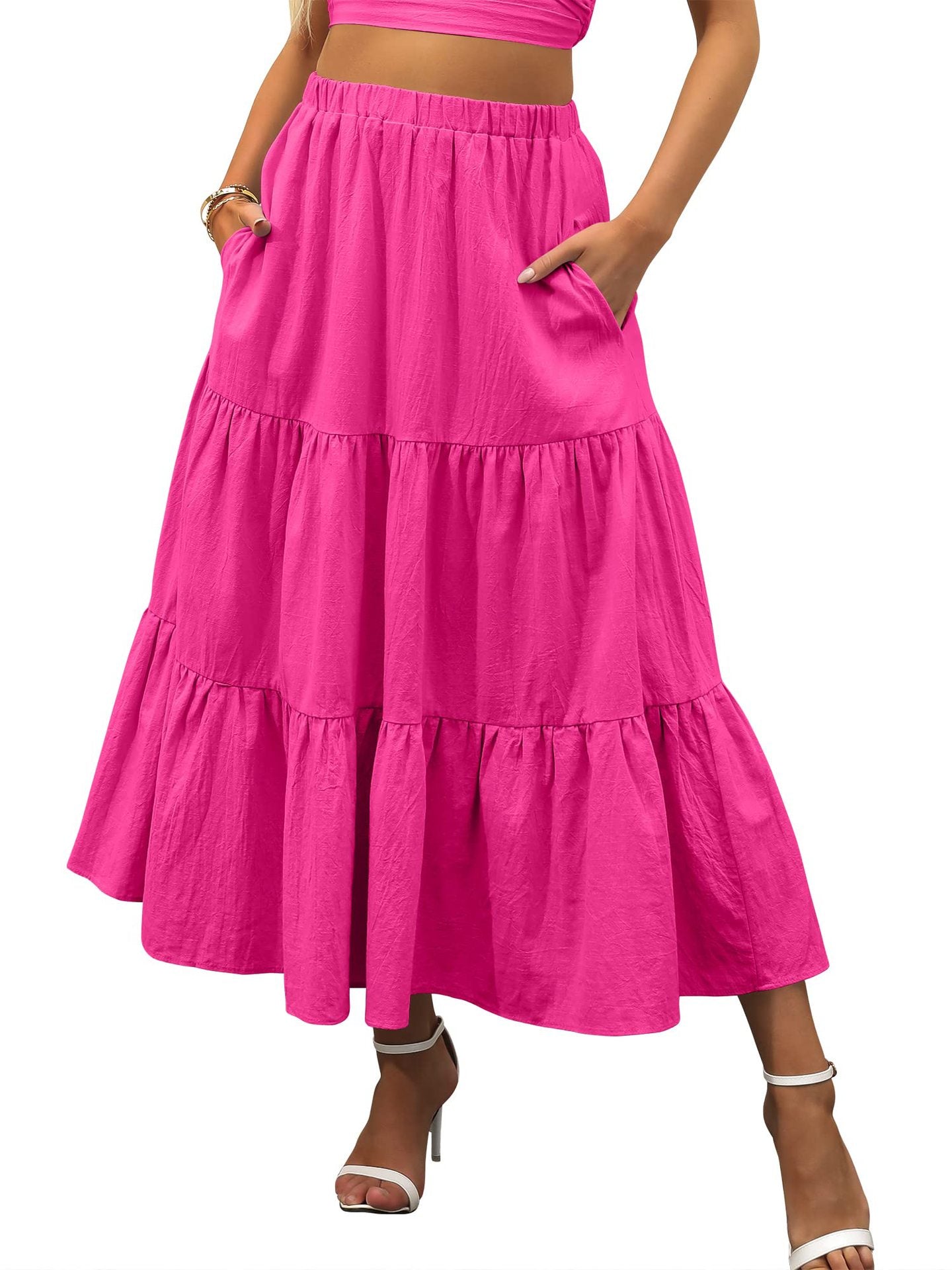 Bohemian Solid Color Elastic Waist Tiered Ruffle Maxi Skirt