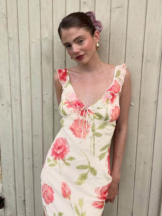 Bohemian Rose Print Ruffled Strap Maxi Dress