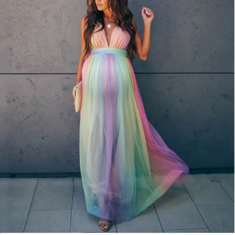 Boho Rainbow Gradient Halter Open Back Maternity Maxi Dress