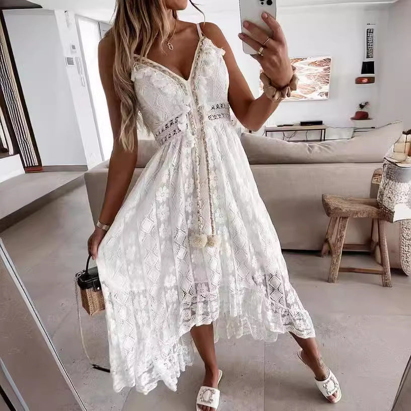 Boho White Lace V-Neck Cami Asymmetrical Maxi Dress | Vacation Style Elegant Waist-Cinching Slimming Dress