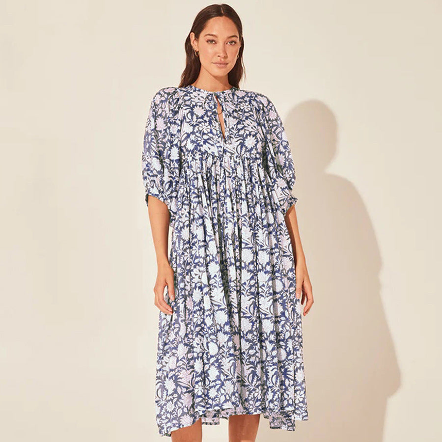 Bohemian Puff Sleeve Floral Maxi Dress | Vacation Style V-Neck Tie Dress