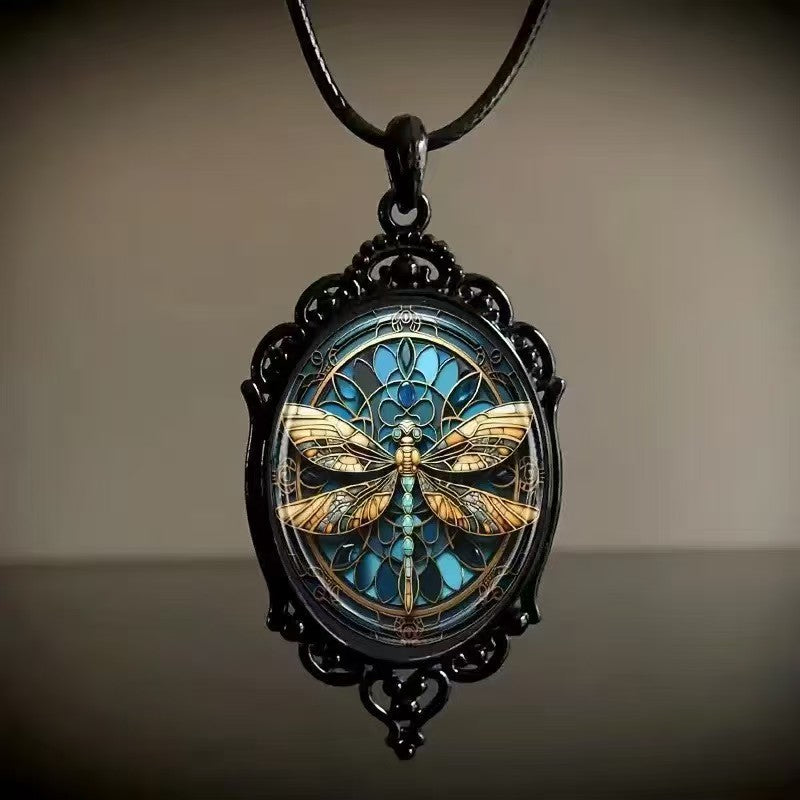 Gothic Vintage Oval Printed Pendant Necklace | Unique Design Tree of Life Dragonfly Choker