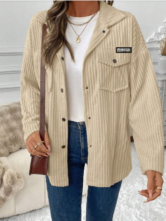 Beige Corduroy Boho Loose Shirt Jacket