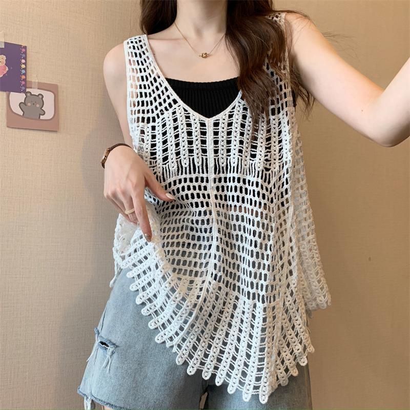 Boho V-Neck Crochet Hollow Out Asymmetrical Hem Knit Tank Top | Ethnic Style Vacation Loose Cover Up