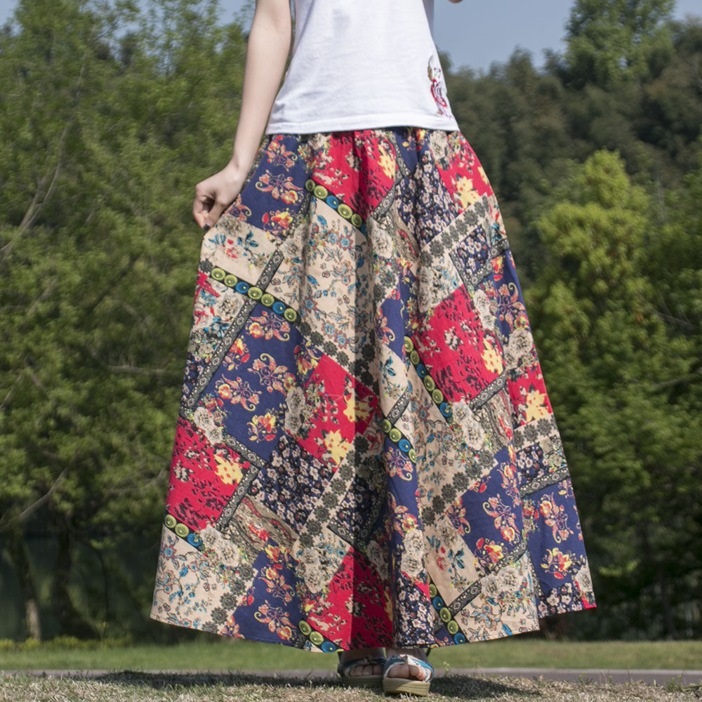 Cotton and linen printed maxi skirt | Retro ethnic style elastic waist midi skirt