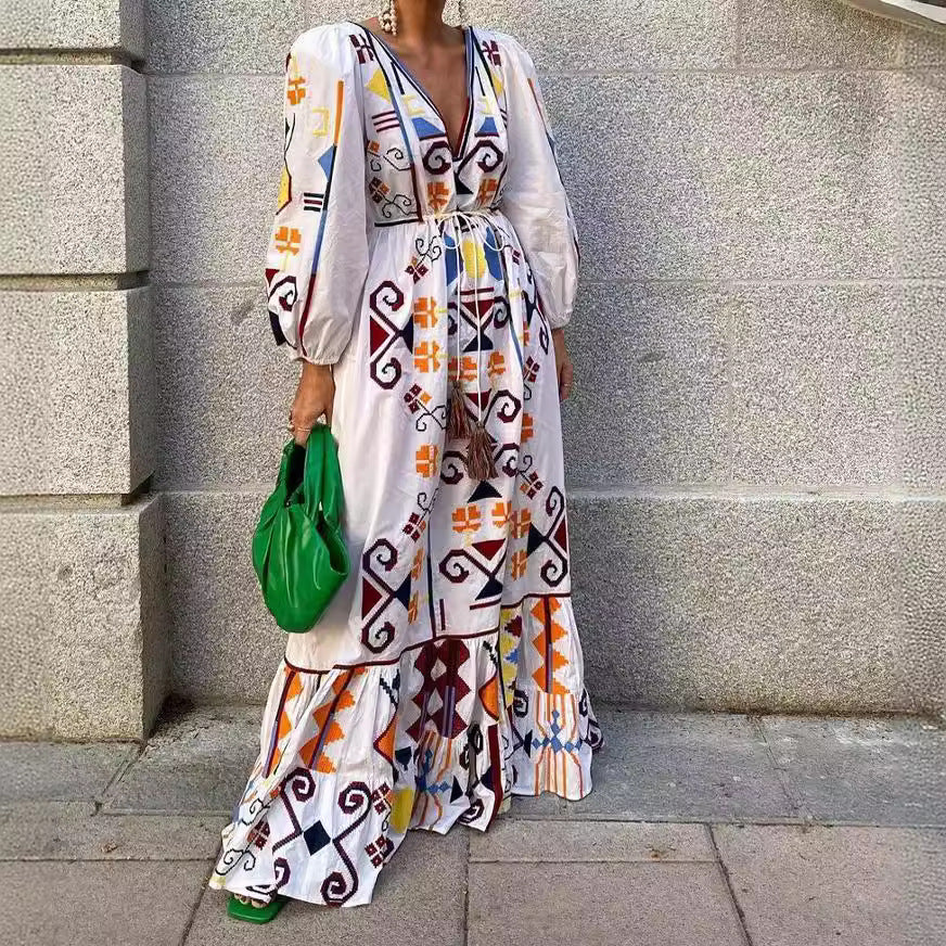 Boho Geometric Embroidered V-Neck Tie Waist Lantern Sleeve Maxi Dress