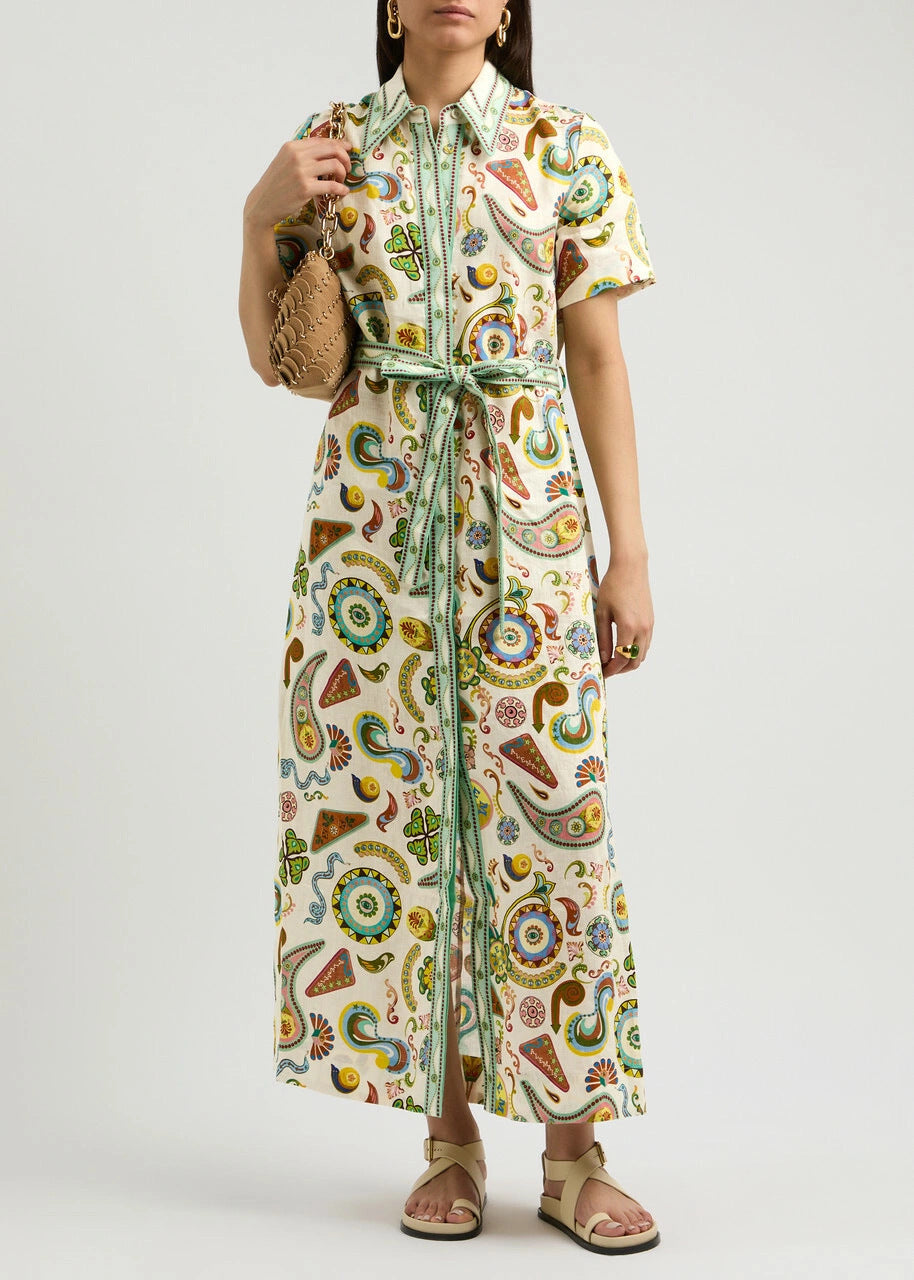 Vintage Ocean Print Belted Waist-Cinching Split Maxi Shirt Dress