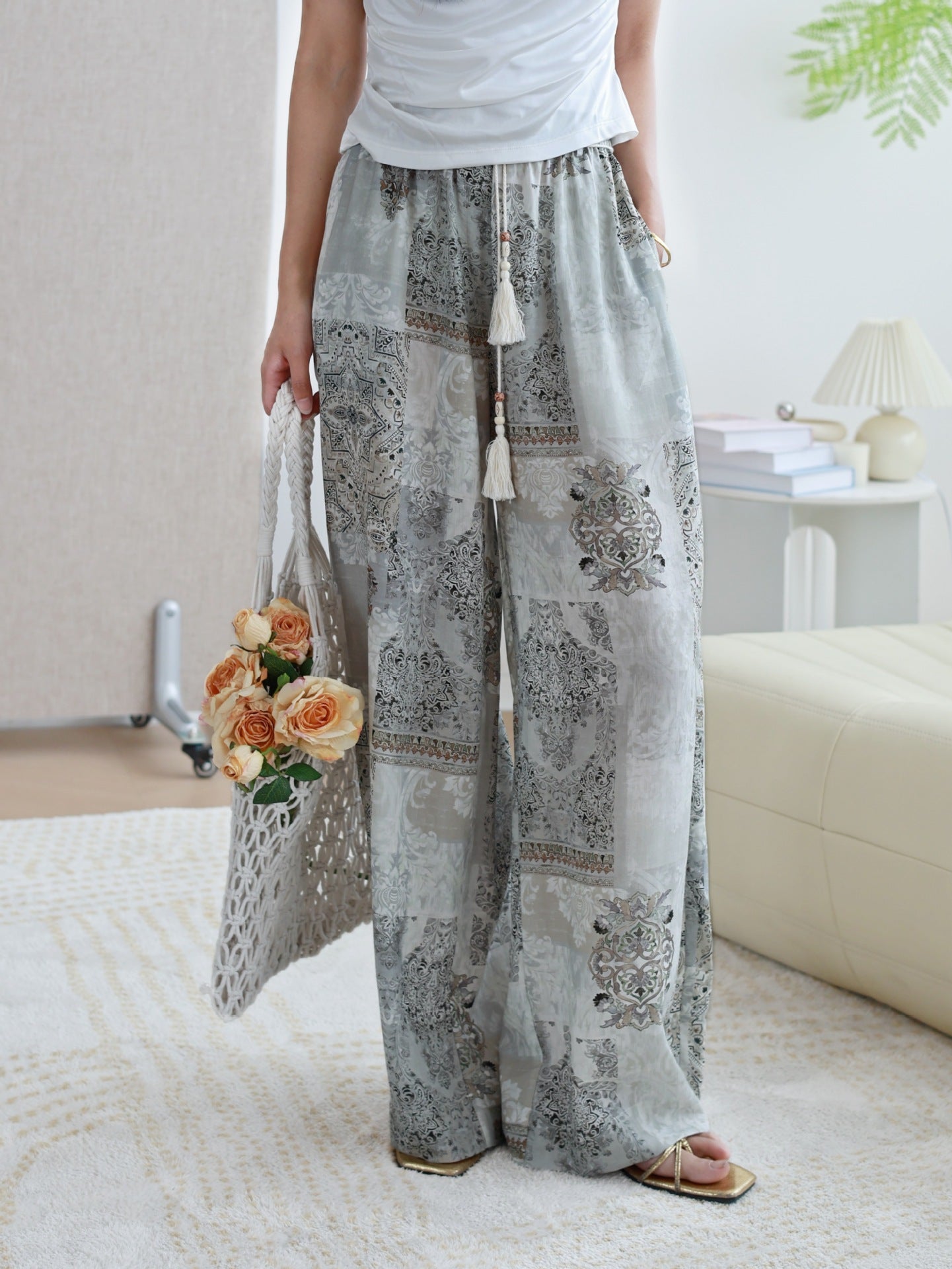 Boho Vintage Printed Drawstring Tassel Wide Leg Pants | Relaxed Fit Drape Casual Trousers