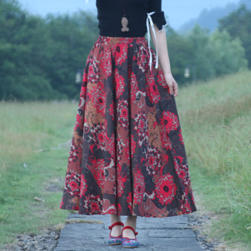 Cotton and linen printed maxi skirt | Retro ethnic style elastic waist midi skirt