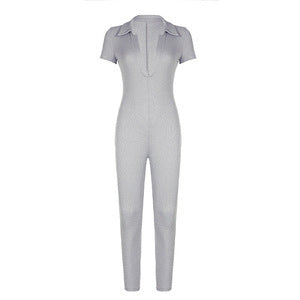 Boho Collared Short Sleeve Fitted Full-Length Jumpsuit
