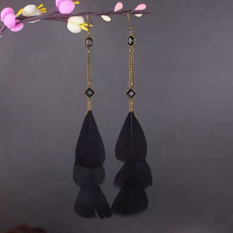 Boho Blue Feather Tassel Earrings | Ethnic Style Niche Design Jewelry