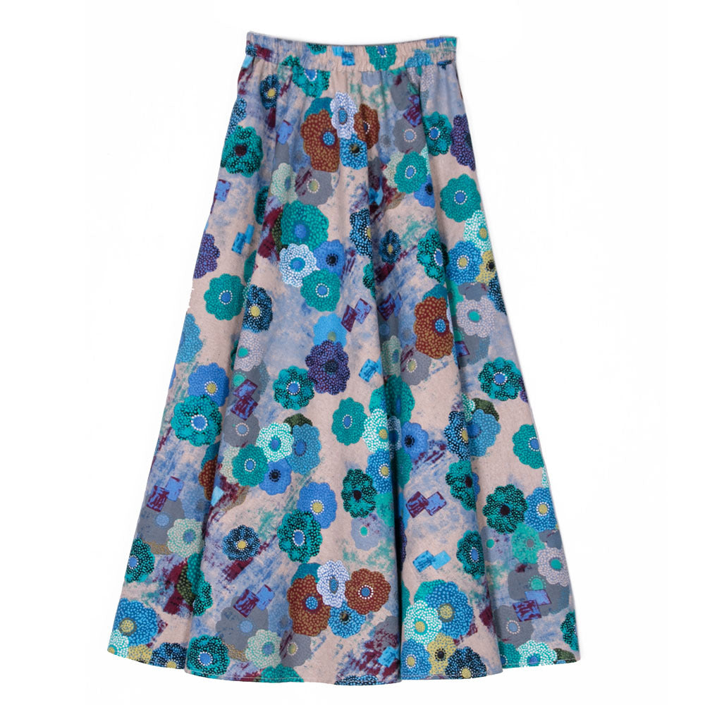 Cotton and linen printed maxi skirt | Retro ethnic style elastic waist midi skirt