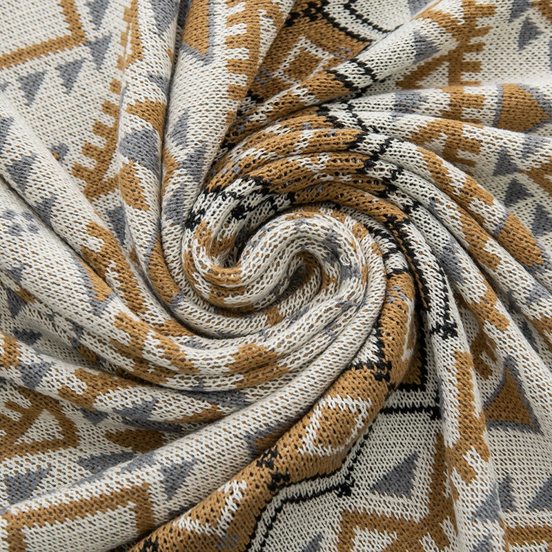 Boho Geometric Jacquard Pom Pom Knitted Throw Blanket | Ethnic Style Decorative Blanket