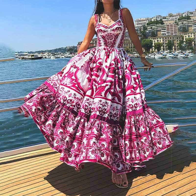 Sicilian Style Blue and White Porcelain Print Spaghetti Strap Maxi Dress | Vacation Style High Waist Tiered Dress
