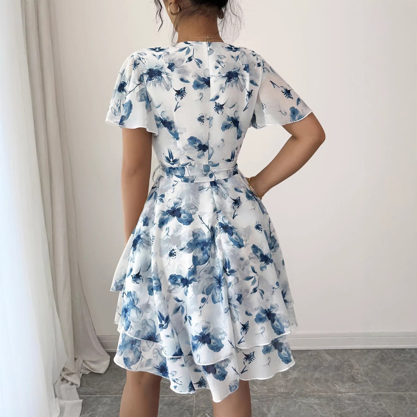 French Ink Flower V-Neck Tie Waist Double Ruffle Mini Dress | Elegant Waist-Cinching Slimming Tea Dress