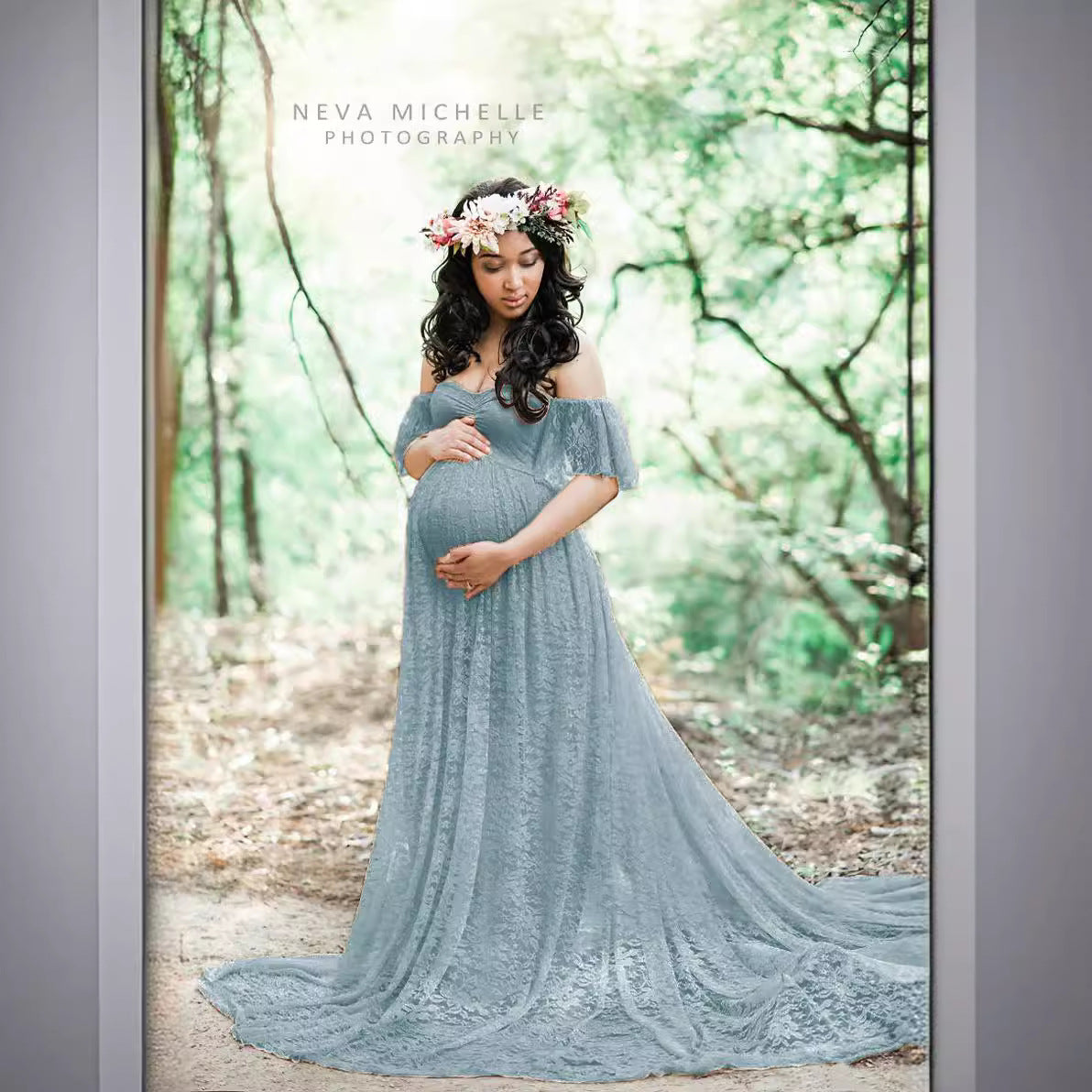 Maternity Photo Shoot Off Shoulder Lace Trailing Maxi Dress