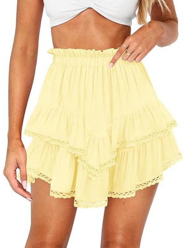 Multi-Color Lace Trim Double Ruffle Mini Skirt | High Waist Elastic A-Line Skirt
