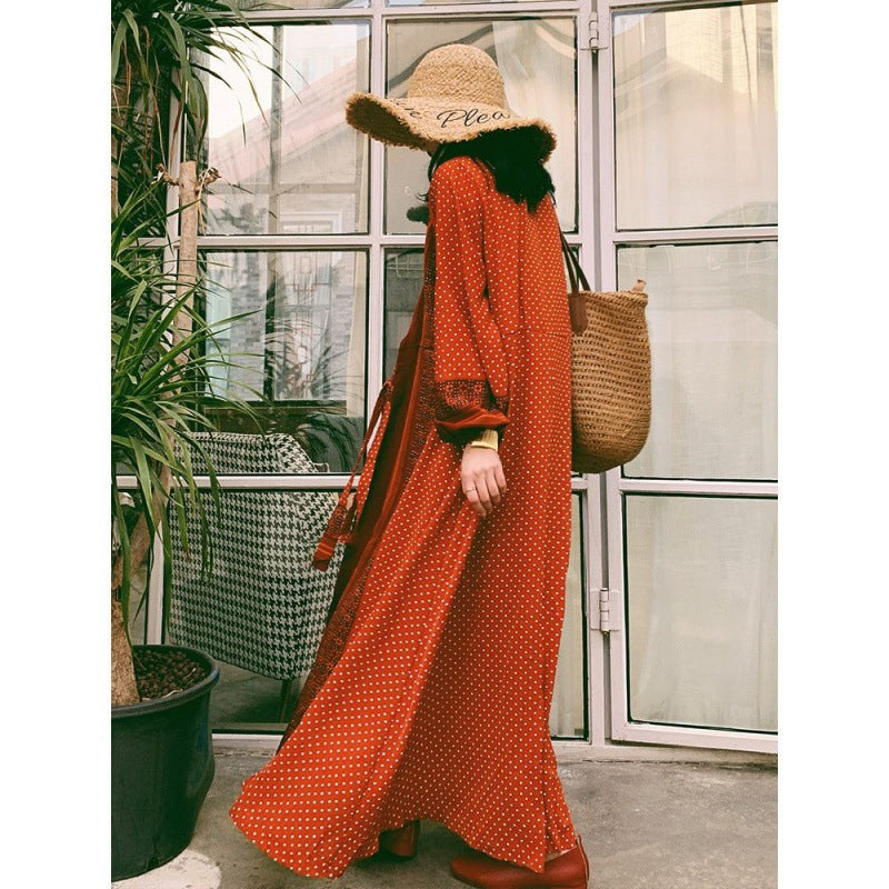 Boho Orange Polka Dot V-Neck Tie Waist Slit Maxi Dress | Vintage Ethnic Style Vacation Dress