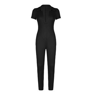 Boho Collared Short Sleeve Fitted Full-Length Jumpsuit